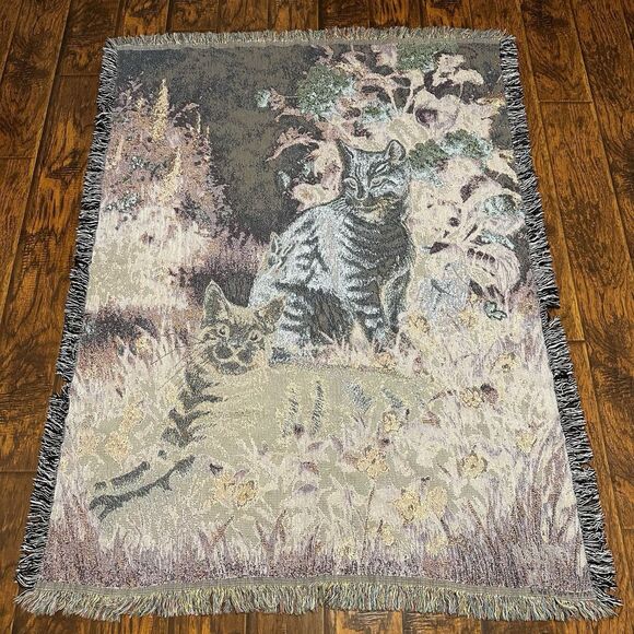 Vintage 1996 Large Cat Kittens Linda Pickens Flowers Tapestry Throw Blanket - Picture 4 of 5